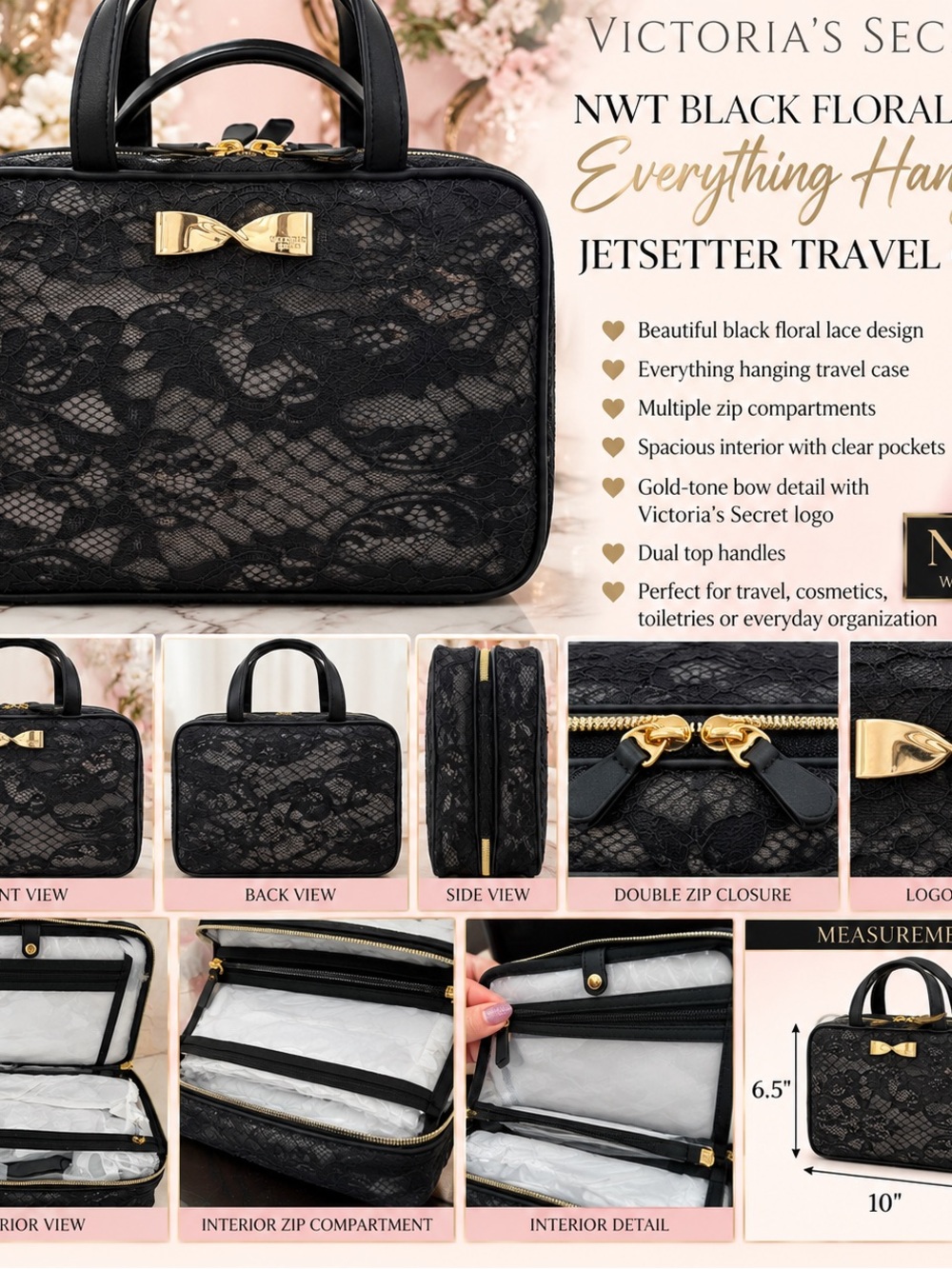 Victoria's Secret Black Lace Cosmetic Travel Case with Gold Bow